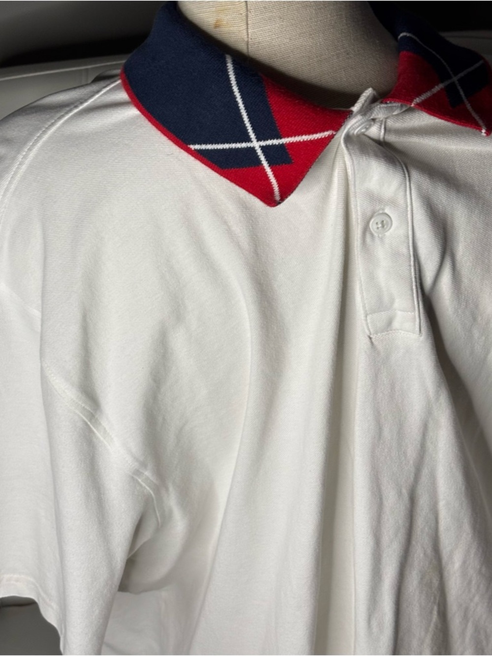 Men's White Polo with Red & Navy Plaid Collar